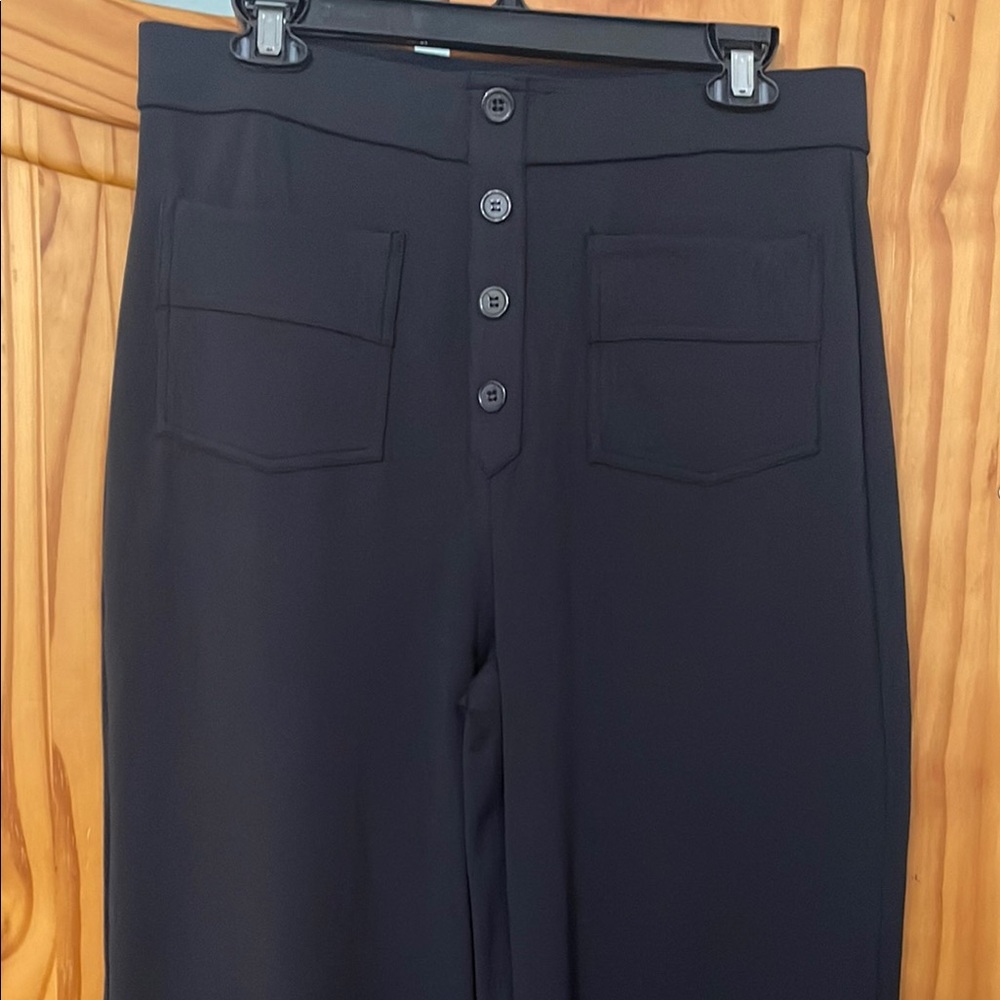 PULL-ON SAILOR WIDE LEG CAREER PANTS WOMEN L BLACK STRETCH FRONT-BUTTON DETAIL